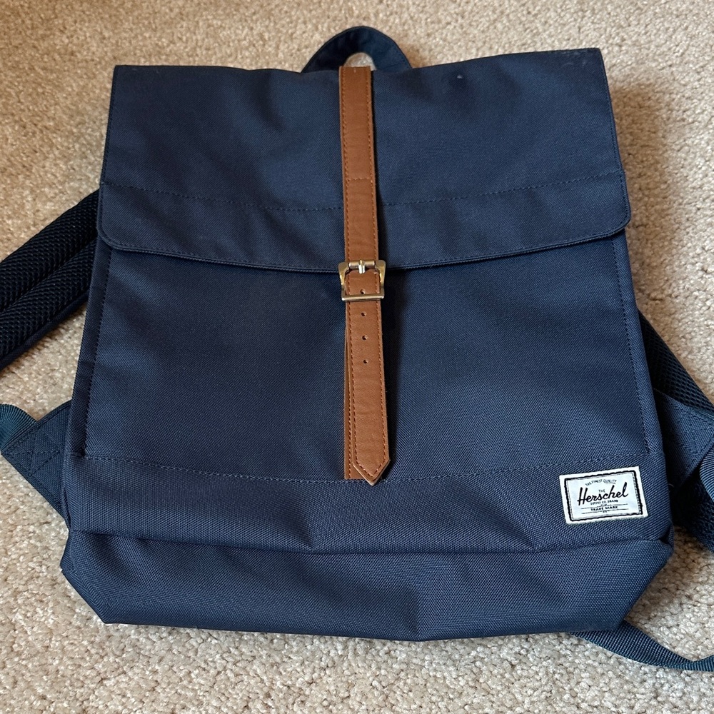 Herschel Supply Company Navy Backpack with Brown Leather Strap
